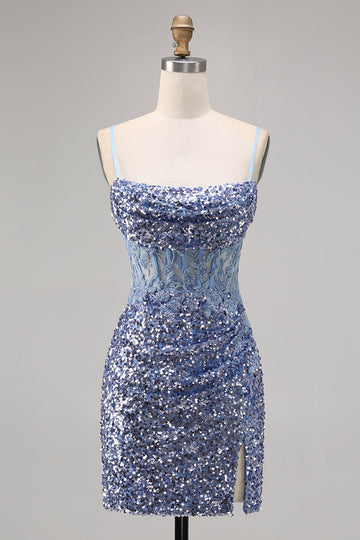 Sparkly Corset Grey Blue Bodycon Sequins Short Cocktail Dress